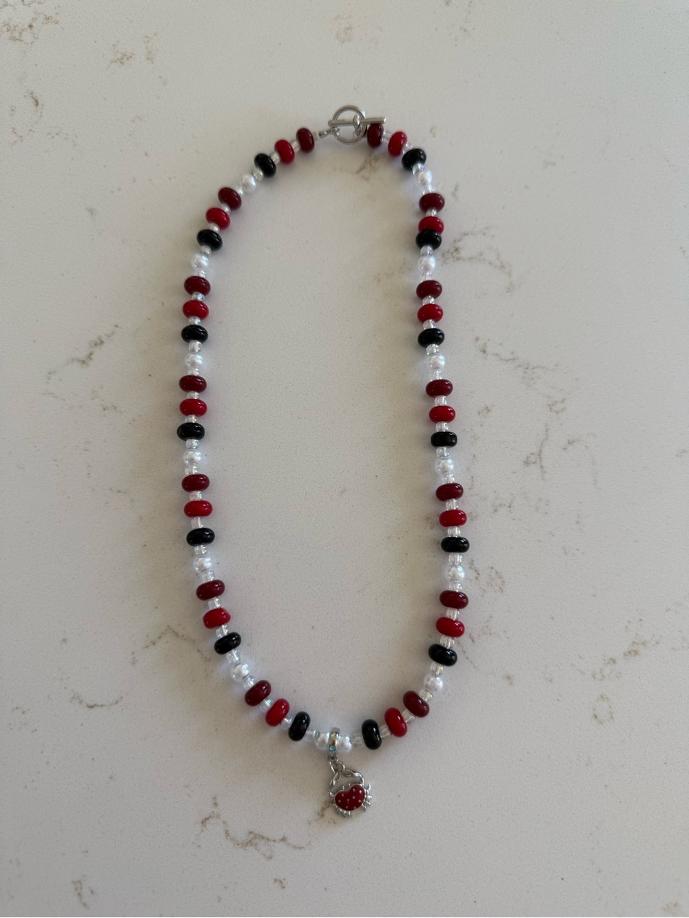 Handmade Red, Black & White Beaded Necklace with Heart Charm